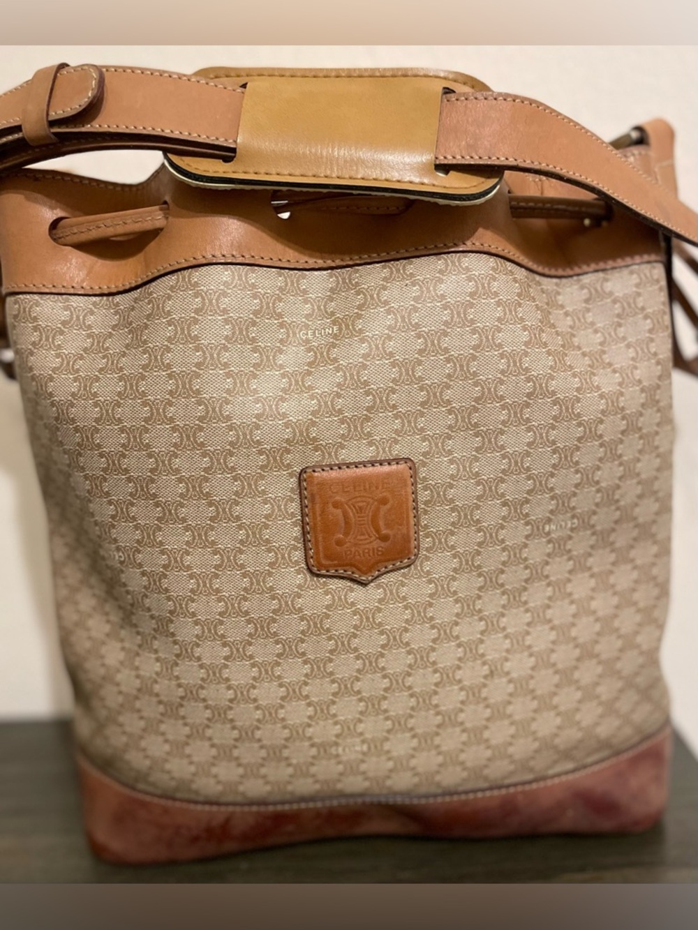 Celine Beige & Tan Canvas Drawstring Tote Shoulder Bag